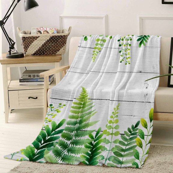 Throw Blanket Fleece Throw Blanket 50x60in, Rustic Green Leaves Farm Wood Grain Soft Lightweight Bed Blankets Watercolor Fern Plants Fuzzy Couch Blankets for All Season