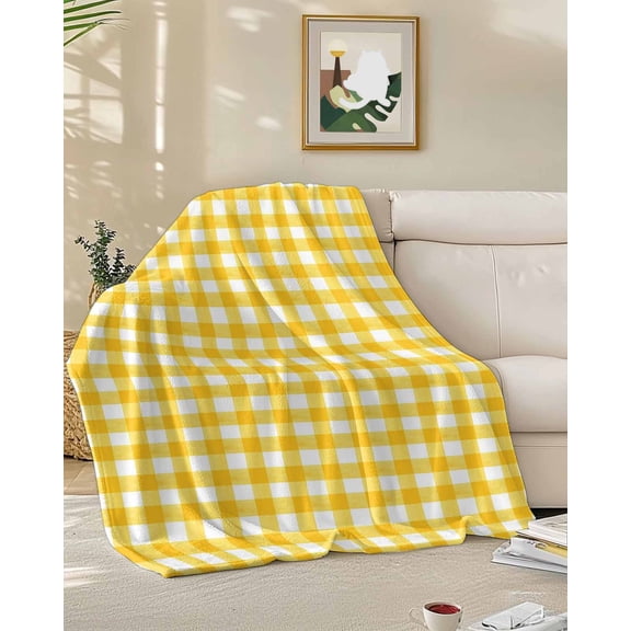 Throw Blanket Fleece Throw Blanket 50x60in, Rustic Minimalist Buffalo Plaid Soft Lightweight Bed Blankets Farmhouse Yellow Gingham Fuzzy Couch Blankets for All Season