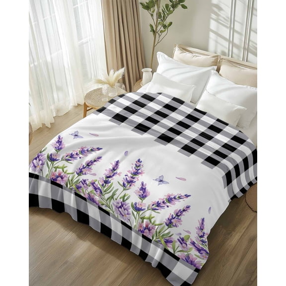Throw Blanket Fleece Throw Blanket 50x60in, Rustic Purple Flower Butterfly Soft Lightweight Bed Blankets Pastoral Black White Plaid Fuzzy Couch Blankets for All Season