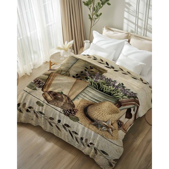 Throw Blanket Fleece Throw Blanket 50x60in, Rustic Retro Book Boot Cap Soft Lightweight Bed Blankets Vintage Farmhouse Wood Board Fuzzy Couch Blankets for All Season