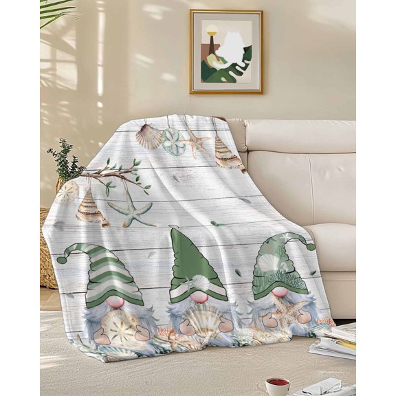 Throw Blanket Fleece Throw Blanket 50x60in, Sage Green Gnome on Wood Barn Soft Lightweight Bed Blankets Ocean Starfish Shell Leaves Fuzzy Couch Blankets for All Season