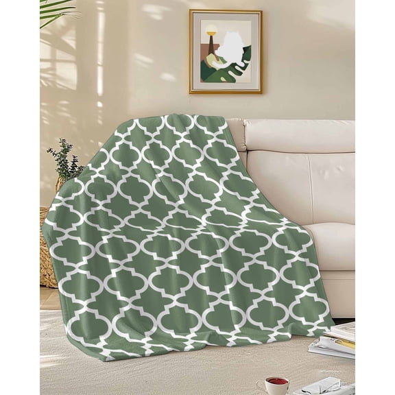 Throw Blanket Fleece Throw Blanket 50x60in, Sage Green Moroccan Lattice Soft Lightweight Bed Blankets Buffalo Plaid White Line Fuzzy Couch Blankets for All Season