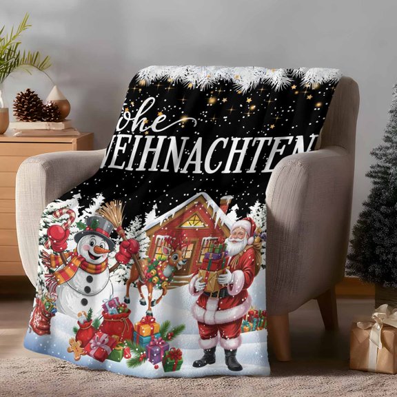 Throw Blanket Fleece Throw Blanket 50x60in, Santa Clau Winter Snowman Elk on BlackElk Fir Leaves Pine Tree Soft Lightweight Bed Blankets Fuzzy Couch Blankets for All Season