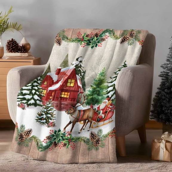 Throw Blanket Fleece Throw Blanket 50x60in, Santa Claus Reindeer Sled Cottage Soft Lightweight Bed Blankets Christmas Tree Forest Fuzzy Couch Blankets for All Season