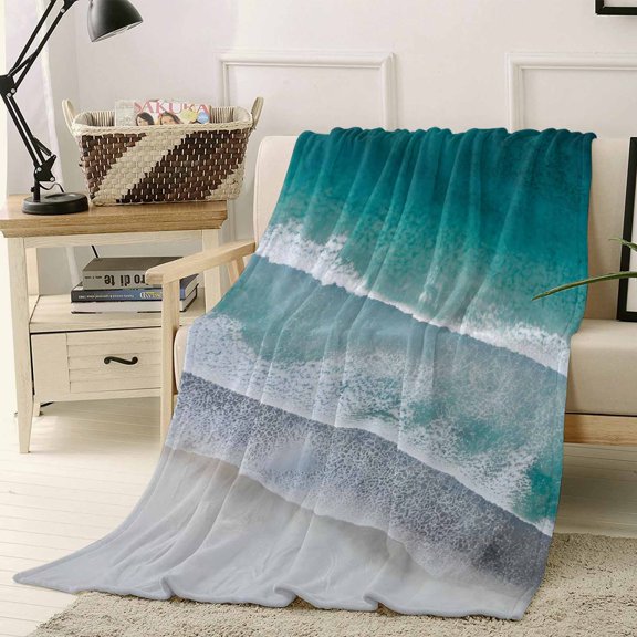 Throw Blanket Fleece Throw Blanket 50x60in, Sea Beach Teal Gradient Waves Soft Lightweight Bed Blankets Summer Seaside Ocean Style Fuzzy Couch Blankets for All Season