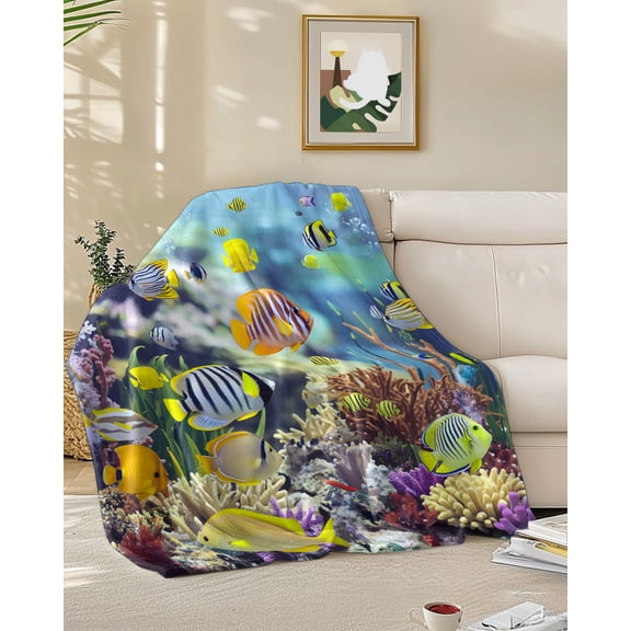 Throw Blanket Fleece Throw Blanket 50x60in, Sea Fish Coral Seaweed Soft Lightweight Bed Blankets Summer Blue Ocean Fuzzy Couch Blankets for All Season