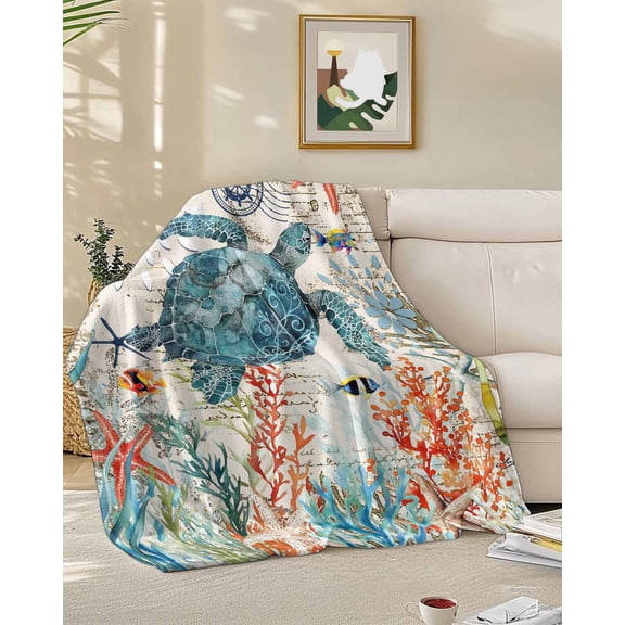 Throw Blanket Fleece Throw Blanket 50x60in, Sea ​​turtle Starfish Coral Soft Lightweight Bed Blankets Summer Ocean Vintage Letter Fuzzy Couch Blankets for All Season
