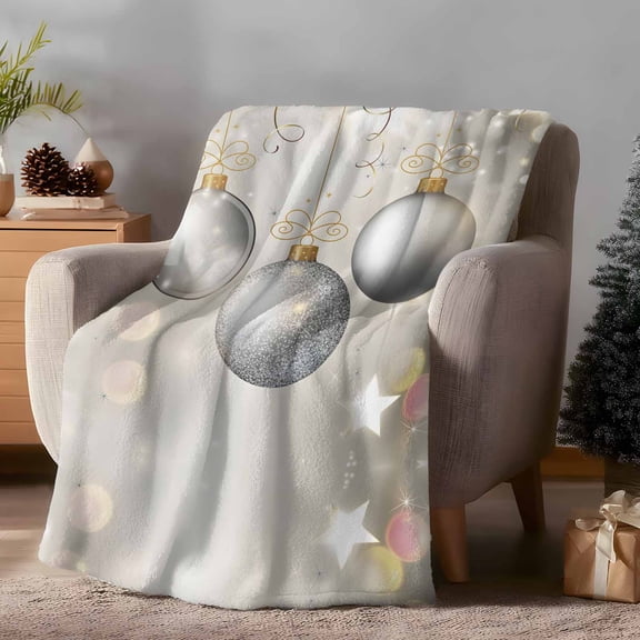 Throw Blanket Fleece Throw Blanket 50x60in, Shiny Xmas Ball Soft Lightweight Bed Blankets Silver Gray Fuzzy Couch Blankets for All Season