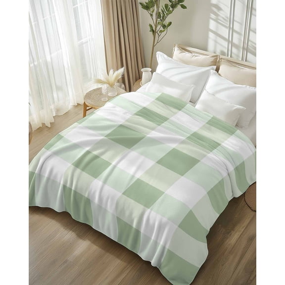 Throw Blanket Fleece Throw Blanket 50x60in, Simple White Green Buffalo Plaid Soft Lightweight Bed Blankets Spring Checker Gingham Fuzzy Couch Blankets for All Season