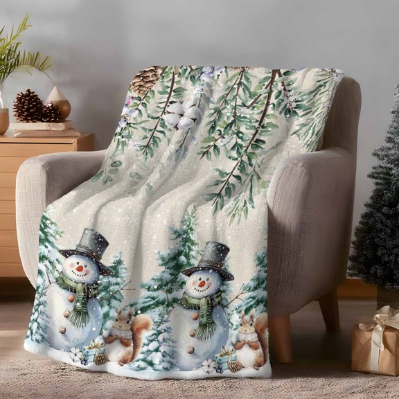Throw Blanket Fleece Throw Blanket 50x60in, Snowman Squirrel Xmas Tree Snow Soft Lightweight Bed Blankets Pine Branches Retro Linen Fuzzy Couch Blankets for All Season