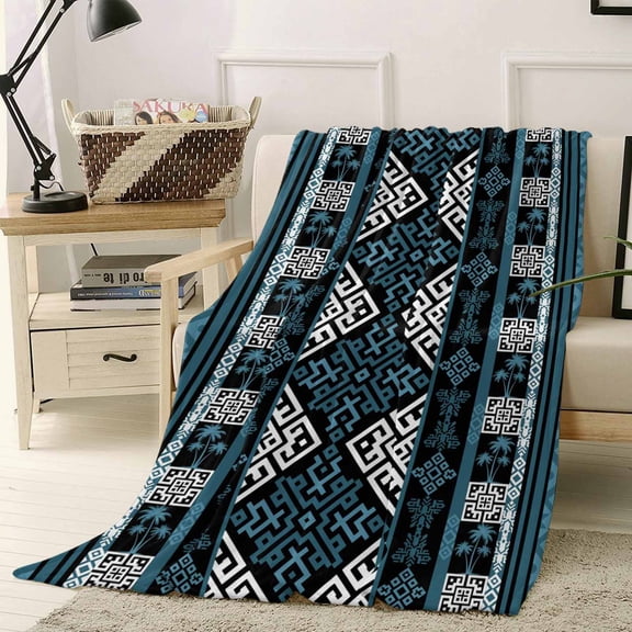 Throw Blanket Fleece Throw Blanket 50x60in, Southwestern Aztec Blue Geometric Soft Lightweight Bed Blankets Vintage Tribal Pattern Fuzzy Couch Blankets for All Season
