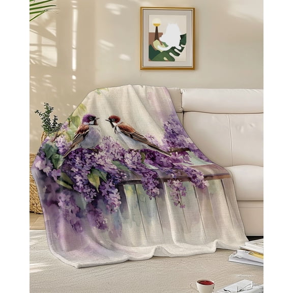 Throw Blanket Fleece Throw Blanket 50x60in, Sparrow Rural Fence Purple Lavender Soft Lightweight Bed Blankets Summer Floral Greenery Fuzzy Couch Blankets for All Season