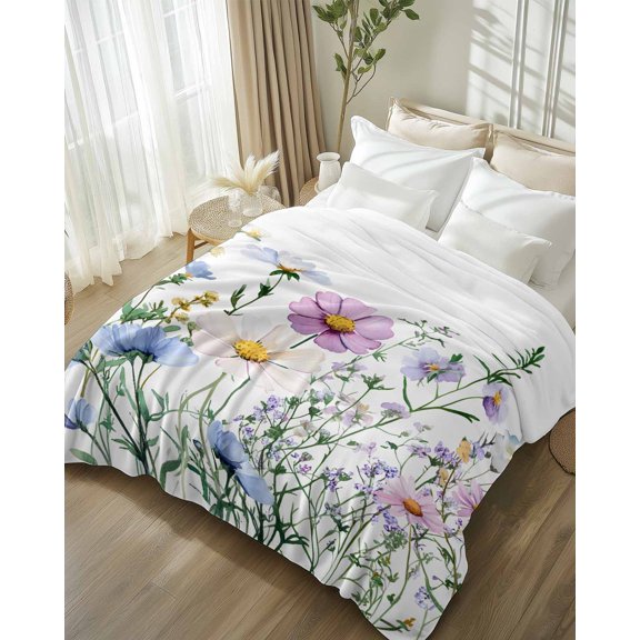 Throw Blanket Fleece Throw Blanket 50x60in, Spring Daisy Colorful Flower Foliage Soft Lightweight Bed Blankets Farm Plant Herb Fuzzy Couch Blankets for All Season