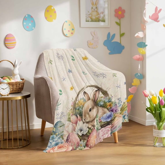 Throw Blanket Fleece Throw Blanket 50x60in, Spring Easter Bunny Blossom Floral Soft Lightweight Bed Blankets Colorful Egg on Burlap Fuzzy Couch Blankets for All Season