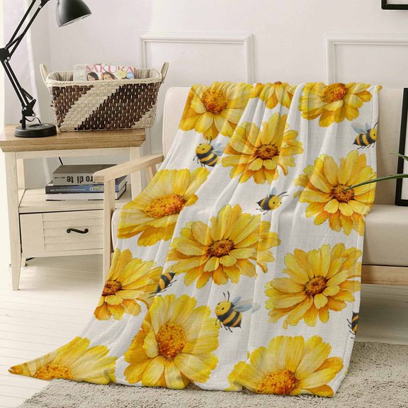 Throw Blanket Fleece Throw Blanket 50x60in, Spring Goldwood Flowers Bees on Linen Soft Lightweight Bed Blankets Watercolor Floral Fuzzy Couch Blankets for All Season