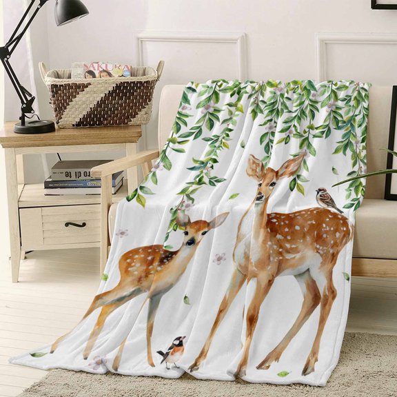 Throw Blanket Fleece Throw Blanket 50x60in, Spring Green Leaves Deer Birds Soft Lightweight Bed Blankets Watercolor Flower Fuzzy Couch Blankets for All Season