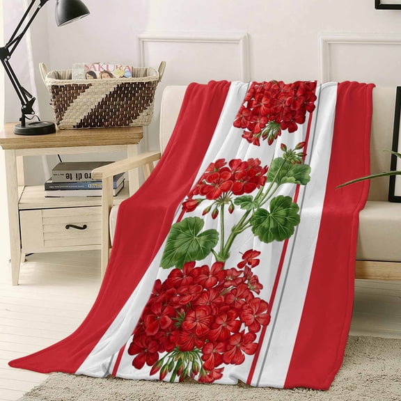 Throw Blanket Fleece Throw Blanket 50x60in, Spring Summer Flowers Geranium Soft Lightweight Bed Blankets Red Geometric Striped Fuzzy Couch Blankets for All Season