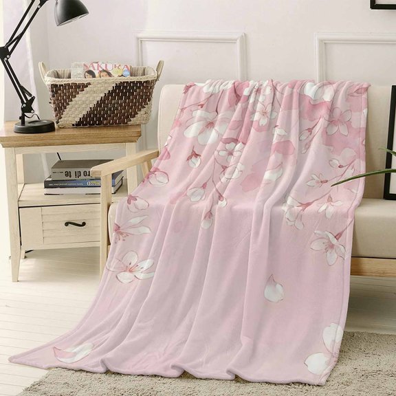 Throw Blanket Fleece Throw Blanket 50x60in, Spring Summer Pink Cherry Blossoms Soft Lightweight Bed Blankets Watercolor Plants Fuzzy Couch Blankets for All Season