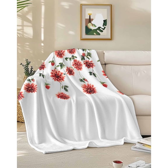 Throw Blanket Fleece Throw Blanket 50x60in, Spring Watercolor Floral Green Leaves Soft Lightweight Bed Blankets Weeping Vine Flower on White Fuzzy Couch Blankets for All Season