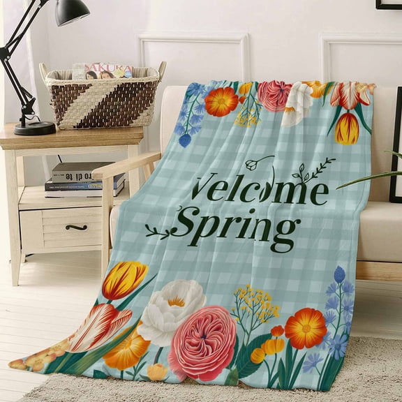 Throw Blanket Fleece Throw Blanket 50x60in, Spring Watercolor Flower Leaves Soft Lightweight Bed Blankets Garden Floral on Light Blue Fuzzy Couch Blankets for All Season