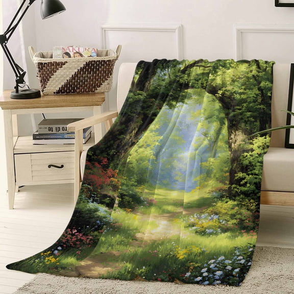 Throw Blanket Fleece Throw Blanket 50x60in, Spring Watercolor Green Leaves Flower Soft Lightweight Bed Blankets Forest Sunshine Fuzzy Couch Blankets for All Season