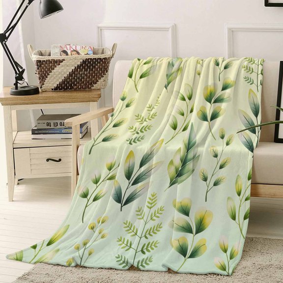 Throw Blanket Fleece Throw Blanket 50x60in, Spring Watercolor Green Leaves Soft Lightweight Bed Blankets Fine Branches Leaf Fuzzy Couch Blankets for All Season