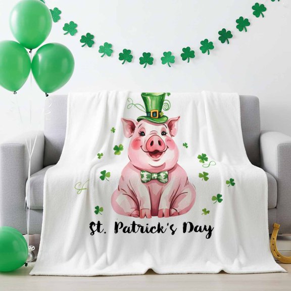 Throw Blanket Fleece Throw Blanket 50x60in, St Patrick Day Leprechaun Pig Hat Lucky Clovers Leaf Soft Lightweight Bed Blankets Irish White Fuzzy Couch Blankets for All Season