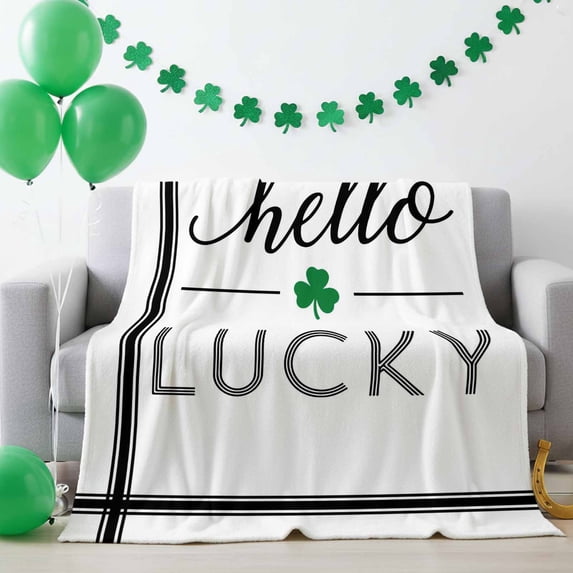 Throw Blanket Fleece Throw Blanket 50x60in, St. Patrick's Day Green Clovers Leaf Soft Lightweight Bed Blankets Black Stripe and Quote on White Fuzzy Couch Blankets for All Season