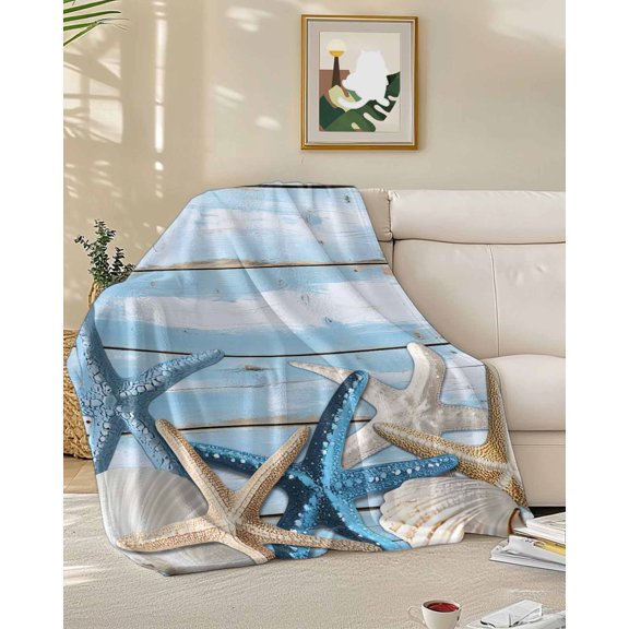 Throw Blanket Fleece Throw Blanket 50x60in, Starfish Shell on Blue Wood Grain Soft Lightweight Bed Blankets Summer Ocean Fuzzy Couch Blankets for All Season