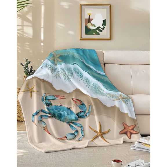 Throw Blanket Fleece Throw Blanket 50x60in, Summer Beach Crab Starfish Soft Lightweight Bed Blankets Blue Ocean Gradient Water Ripple Fuzzy Couch Blankets for All Season