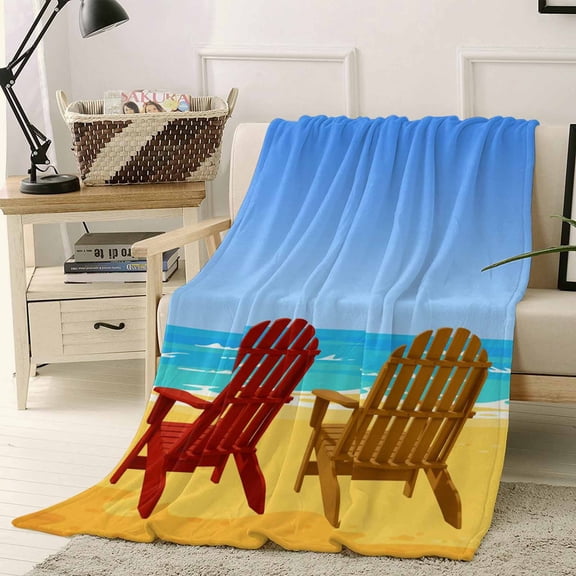 Throw Blanket Fleece Throw Blanket 50x60in, Summer Beach Sandy Chairs Soft Lightweight Bed Blankets Ocean Scene Blue Sky Fuzzy Couch Blankets for All Season