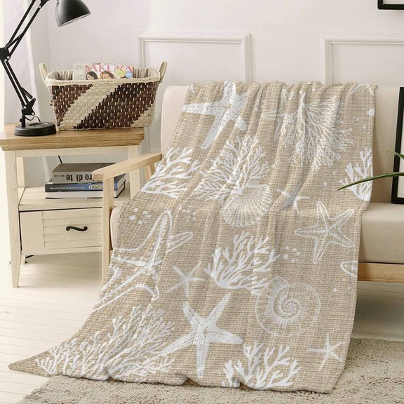 Throw Blanket Fleece Throw Blanket 50x60in, Summer Beach Starfish Shell Coral Soft Lightweight Bed Blankets Farmhouse Vintage Linen Fuzzy Couch Blankets for All Season