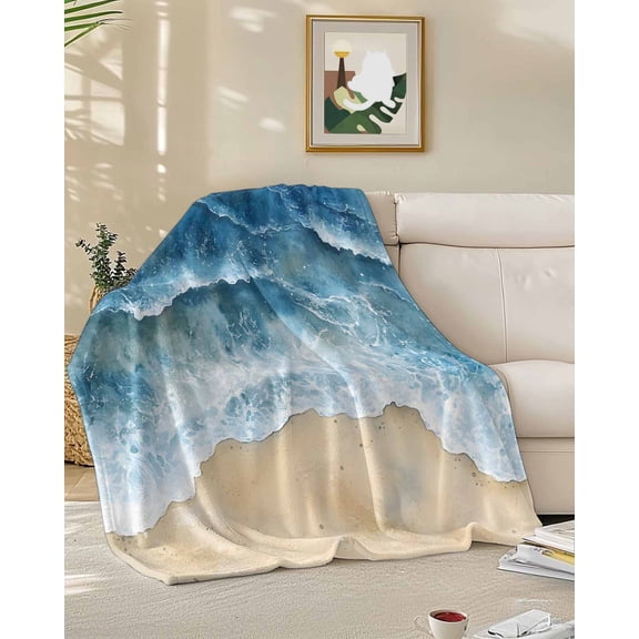 Throw Blanket Fleece Throw Blanket 50x60in, Summer Beach Waves Coastal Soft Lightweight Bed Blankets Blue Sea Water Fuzzy Couch Blankets for All Season
