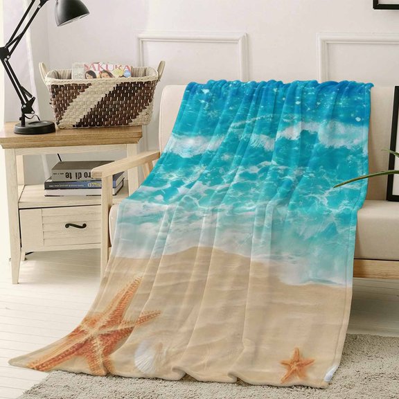 Throw Blanket Fleece Throw Blanket 50x60in, Summer Beaches Oceans Shells Starfish Soft Lightweight Bed Blankets Blue Sea Water Fuzzy Couch Blankets for All Season