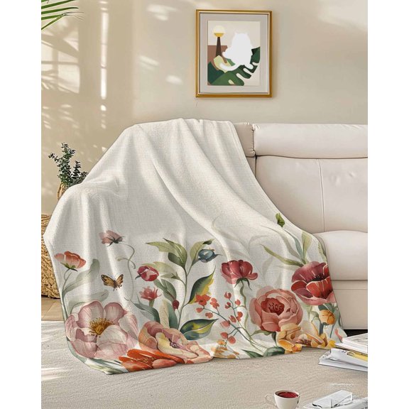 Throw Blanket Fleece Throw Blanket 50x60in, Summer Farm Wildflower Soft Lightweight Bed Blankets Retro Country Floral on Linen Fuzzy Couch Blankets for All Season