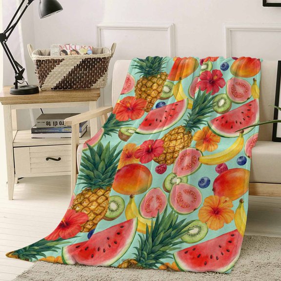 Throw Blanket Fleece Throw Blanket 50x60in, Summer Fruits Watermelon Pineapple Soft Lightweight Bed Blankets Mango Barley Kiwi Fuzzy Couch Blankets for All Season
