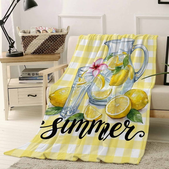 Throw Blanket Fleece Throw Blanket 50x60in, Summer Lemons Glass Cup Soft Lightweight Bed Blankets Yellow White Check Fuzzy Couch Blankets for All Season