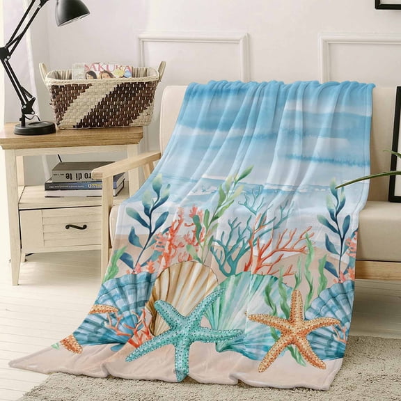 Throw Blanket Fleece Throw Blanket 50x60in, Summer Marine Shell Coral Starfish Soft Lightweight Bed Blankets Ocean Creature Beach Fuzzy Couch Blankets for All Season