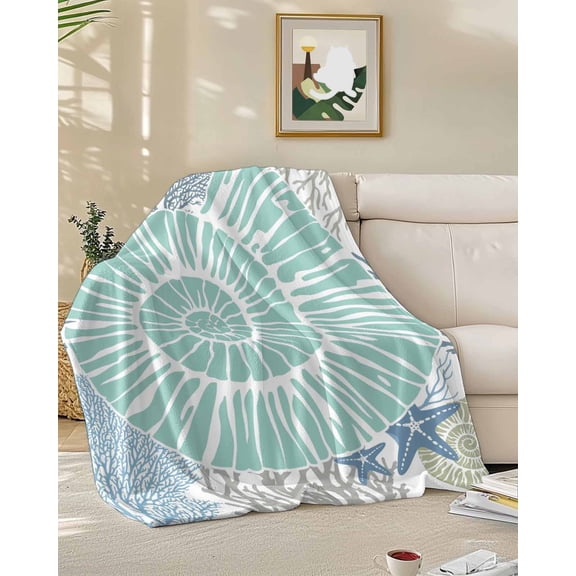 Throw Blanket Fleece Throw Blanket 50x60in, Summer Nautical Conch Coral Soft Lightweight Bed Blankets Seaside Abstract Starfish Fuzzy Couch Blankets for All Season