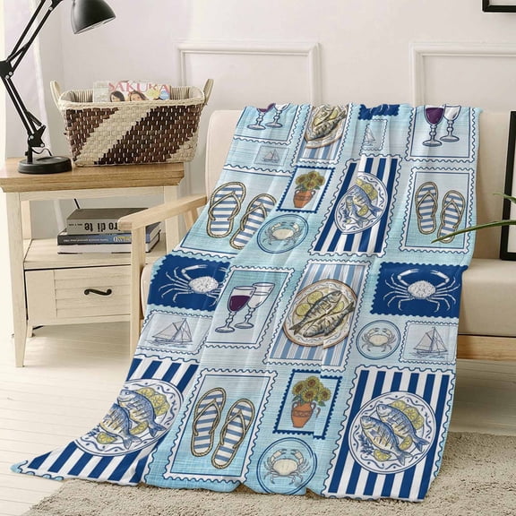 Throw Blanket Fleece Throw Blanket 50x60in, Summer Ocean Beach Crab Fish Soft Lightweight Bed Blankets Blue Nautical Sailboat Fuzzy Couch Blankets for All Season