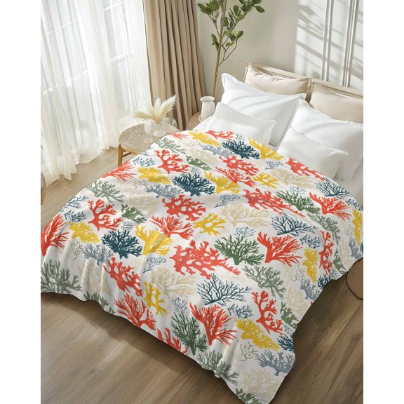 Throw Blanket Fleece Throw Blanket 50x60in, Summer Ocean Colorful Coral Soft Lightweight Bed Blankets Watercolor Corals Seamless Fuzzy Couch Blankets for All Season