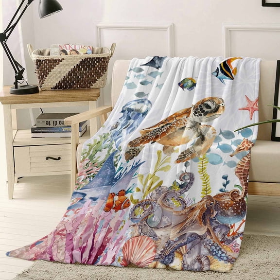 Throw Blanket Fleece Throw Blanket 50x60in, Summer Ocean Retro Turtle Fish Soft Lightweight Bed Blankets Watercolor Coral Seaweed Fuzzy Couch Blankets for All Season