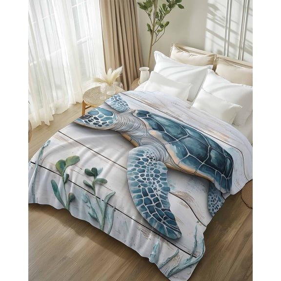 Throw Blanket Fleece Throw Blanket 50x60in, Summer Ocean Teal Turtle Seagrass Soft Lightweight Bed Blankets Retro White Wood Plank Fuzzy Couch Blankets for All Season