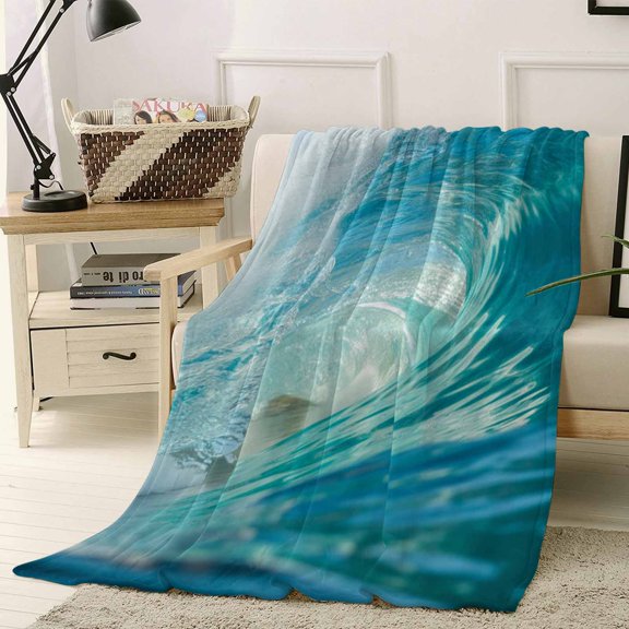 Throw Blanket Fleece Throw Blanket 50x60in, Summer Ocean Water Waves Teal Soft Lightweight Bed Blankets Seascape Fuzzy Couch Blankets for All Season