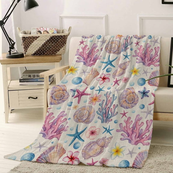 Throw Blanket Fleece Throw Blanket 50x60in, Summer Pink Coral Shell Conch Soft Lightweight Bed Blankets Ocean Starfish Retro Linen Fuzzy Couch Blankets for All Season