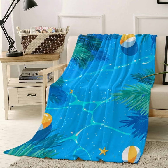 Throw Blanket Fleece Throw Blanket 50x60in, Summer Pool Water Palm Leaves Soft Lightweight Bed Blankets Beach Balls Starfish Fuzzy Couch Blankets for All Season