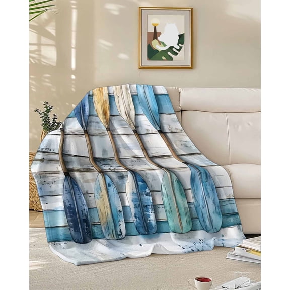 Throw Blanket Fleece Throw Blanket 50x60in, Summer Seaside Ombre Paddle Soft Lightweight Bed Blankets Gradient Blue Wood Board Fuzzy Couch Blankets for All Season