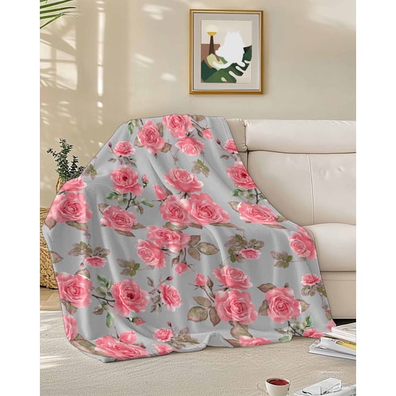 Throw Blanket Fleece Throw Blanket 50x60in, Summer Watercolor Pink Rose Leaf on Grey Soft Lightweight Bed Blankets Farmhouse Flowers Fuzzy Couch Blankets for All Season