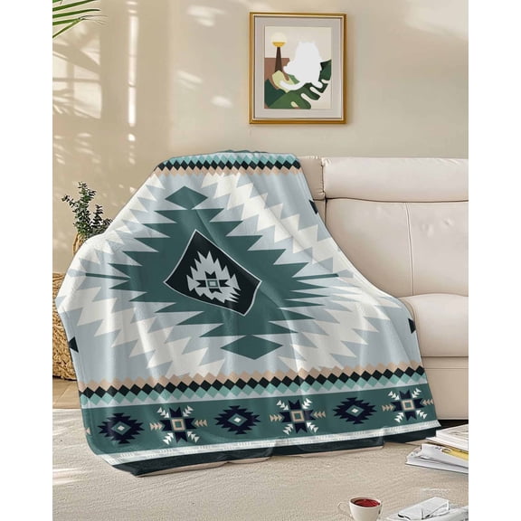 Throw Blanket Fleece Throw Blanket 50x60in, Teal Aztec Tribal Style Soft Lightweight Bed Blankets Ethnic Southwest Native Pattern Fuzzy Couch Blankets for All Season