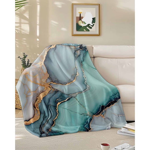 Throw Blanket Fleece Throw Blanket 50x60in, Teal Blue Gradient Marble Soft Lightweight Bed Blankets Turquoise Abstract Stripes Art Fuzzy Couch Blankets for All Season